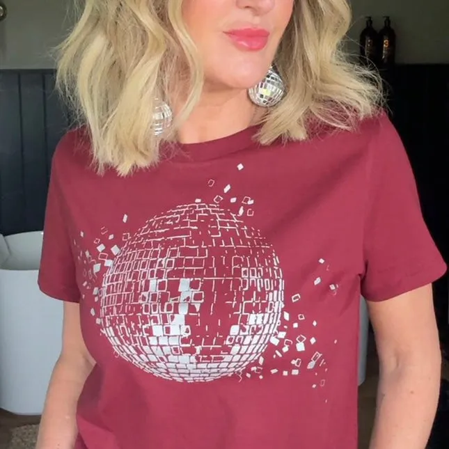 Disco Down Tshirt Burgundy & Silver