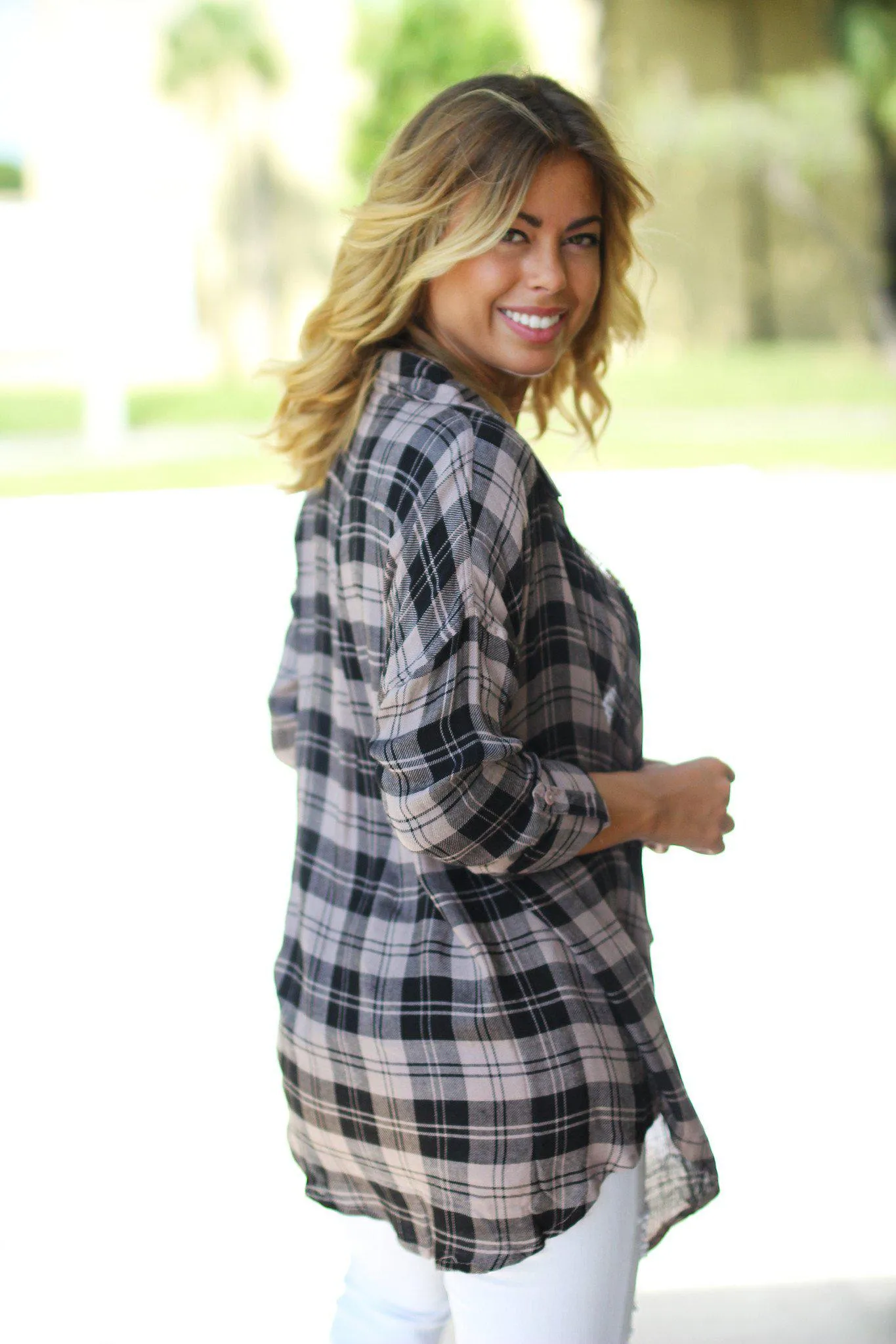 Dusty Rose and Black Plaid Cardigan