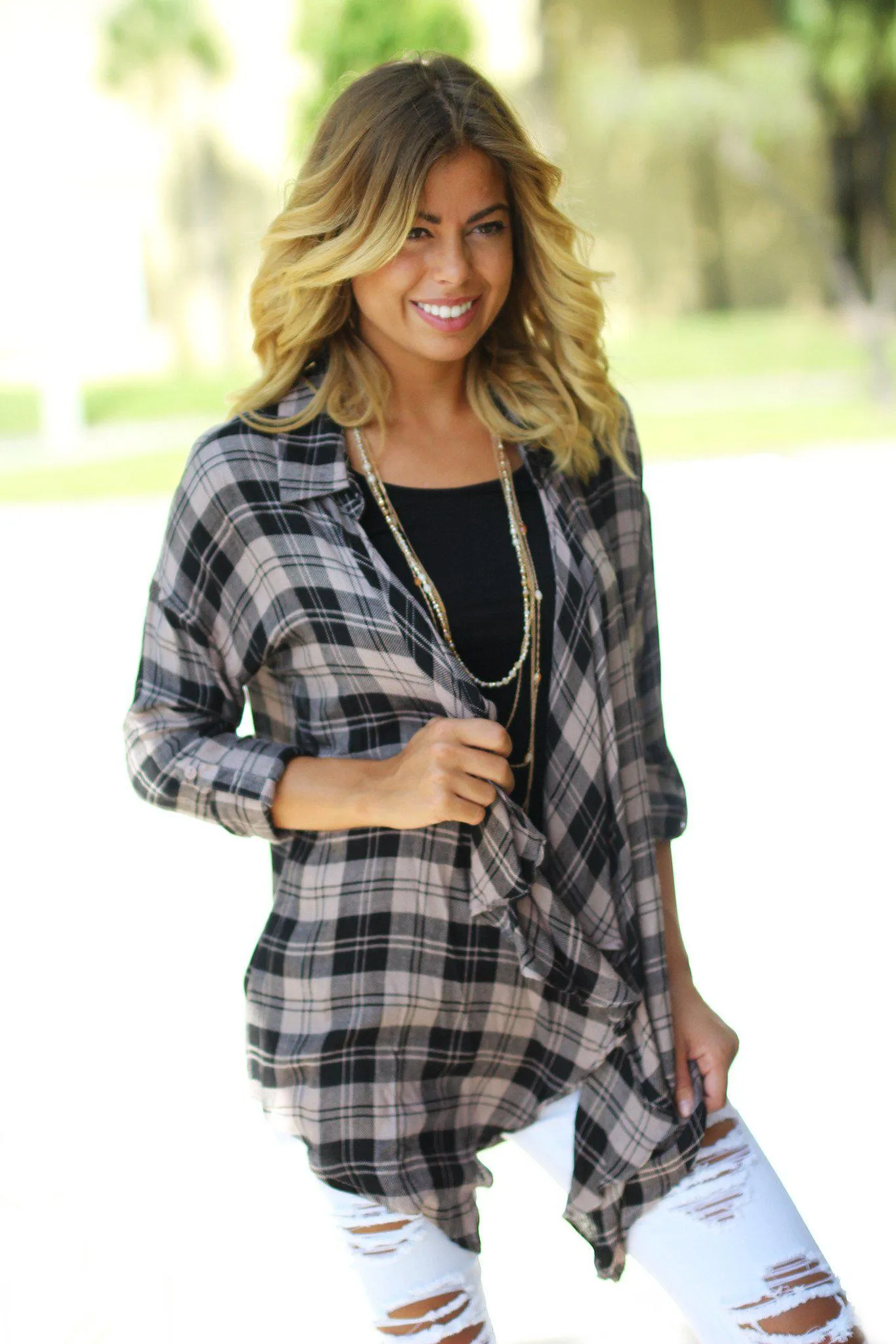 Dusty Rose and Black Plaid Cardigan