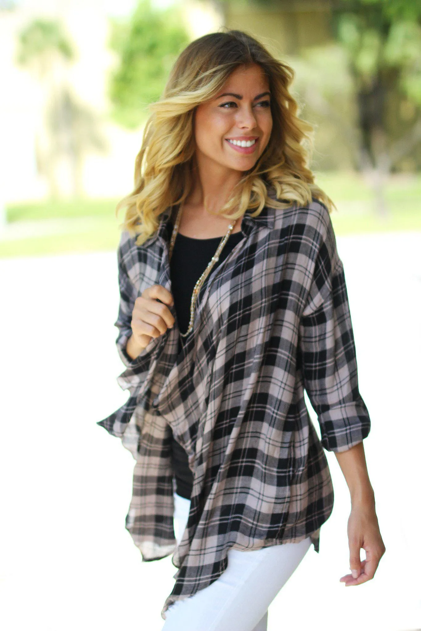 Dusty Rose and Black Plaid Cardigan