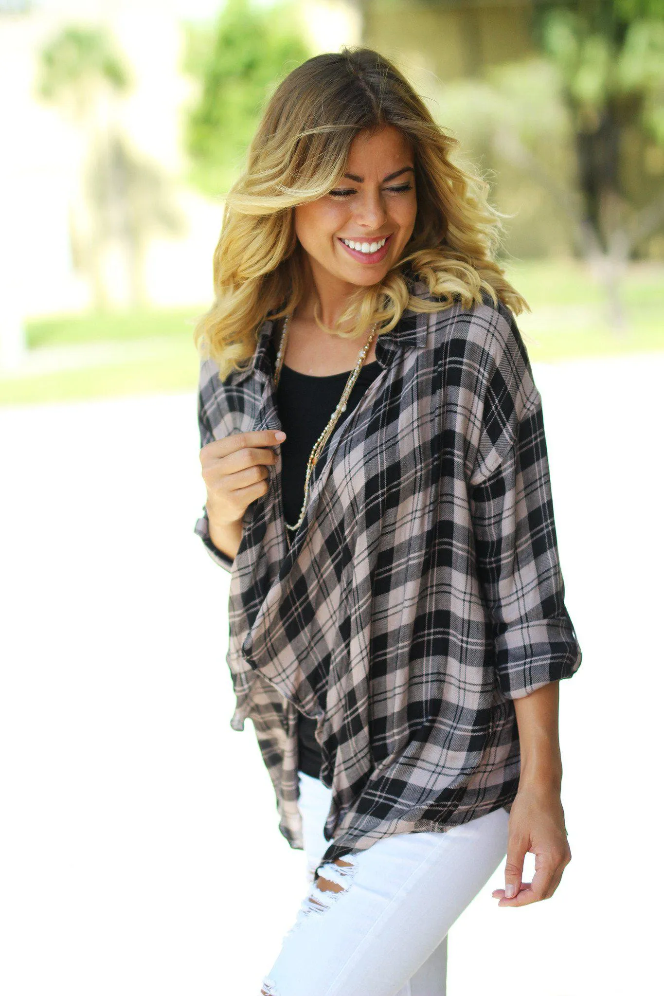 Dusty Rose and Black Plaid Cardigan