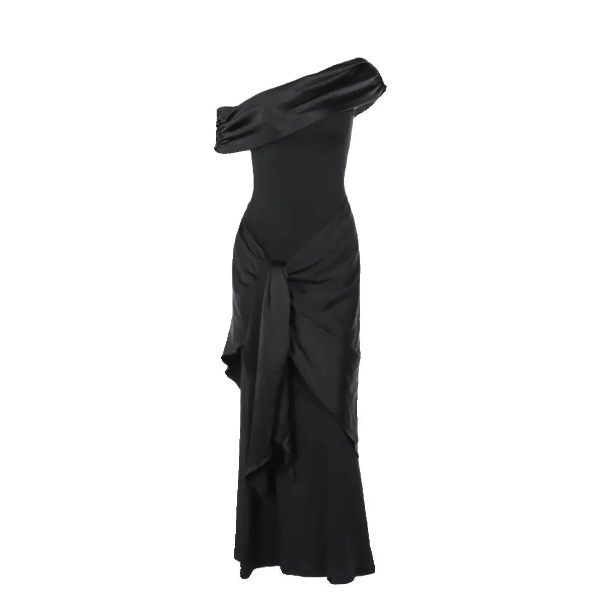 Elegant Black Satin Off-Shoulder Maxi Dress