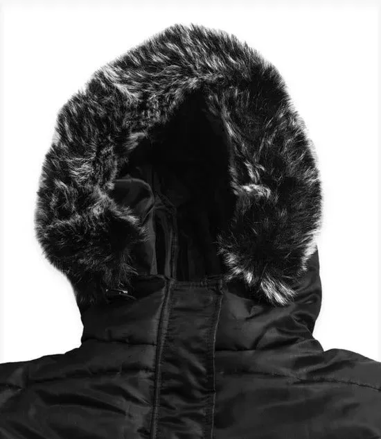 Ella Womens Black Puffer Coat - faux fur trim hood