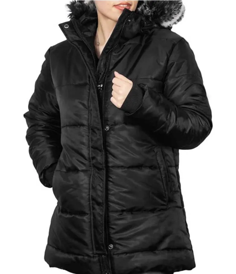 Ella Womens Black Puffer Coat - faux fur trim hood