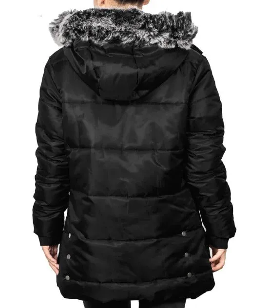 Ella Womens Black Puffer Coat - faux fur trim hood