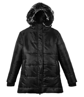 Ella Womens Black Puffer Coat - faux fur trim hood