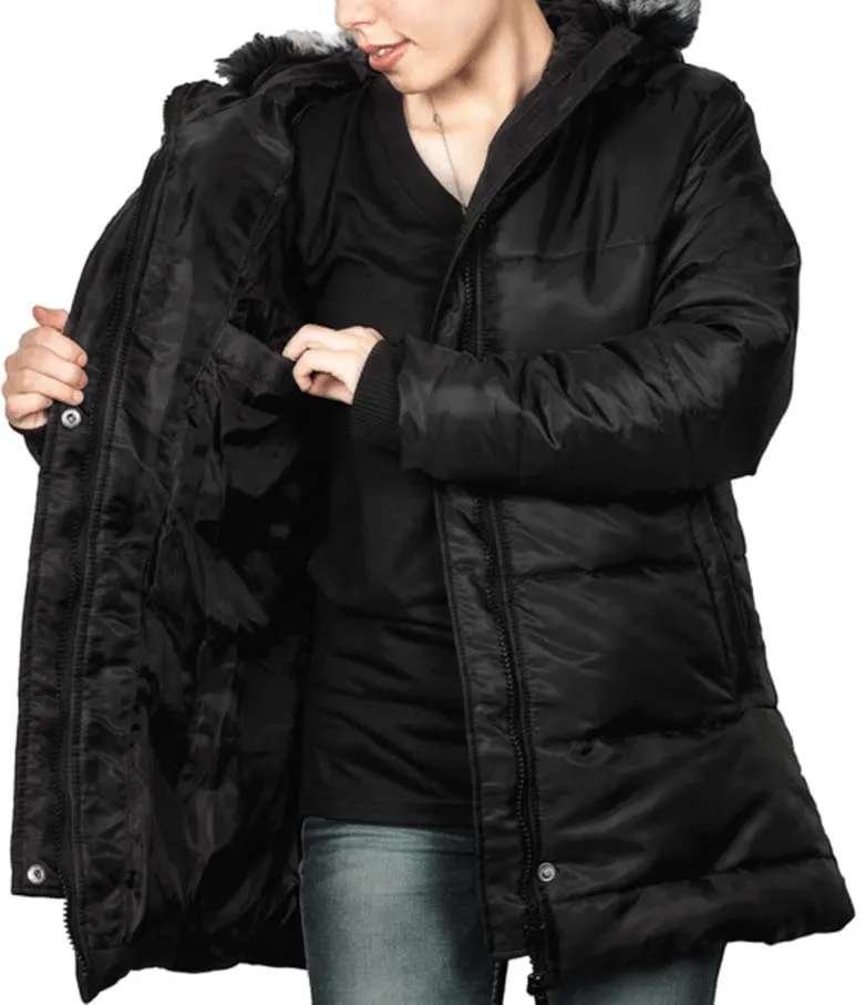 Ella Womens Black Puffer Coat - faux fur trim hood