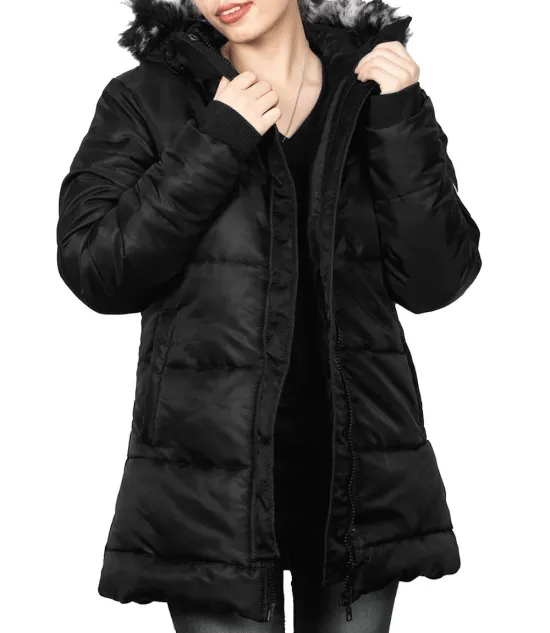 Ella Womens Black Puffer Coat - faux fur trim hood