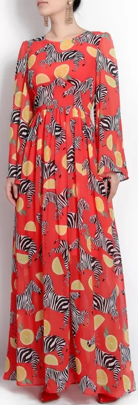 *Extended Sizes* Orange & Zebra Print Chiffon Maxi Dress