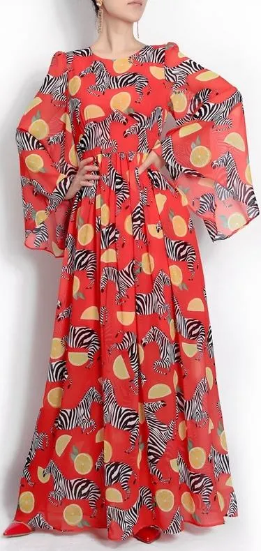 *Extended Sizes* Orange & Zebra Print Chiffon Maxi Dress