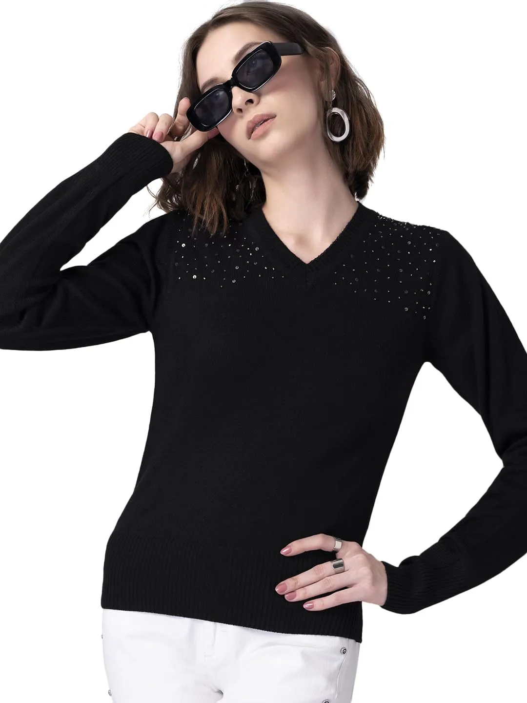 Faballey Women's Acrylic Black Full Sleeve Embellished Sweater Pullover SWT00391