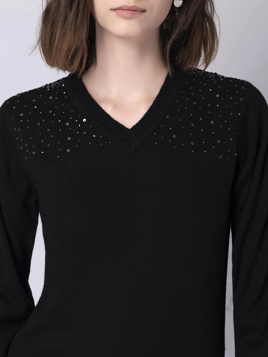 Faballey Women's Acrylic Black Full Sleeve Embellished Sweater Pullover SWT00391