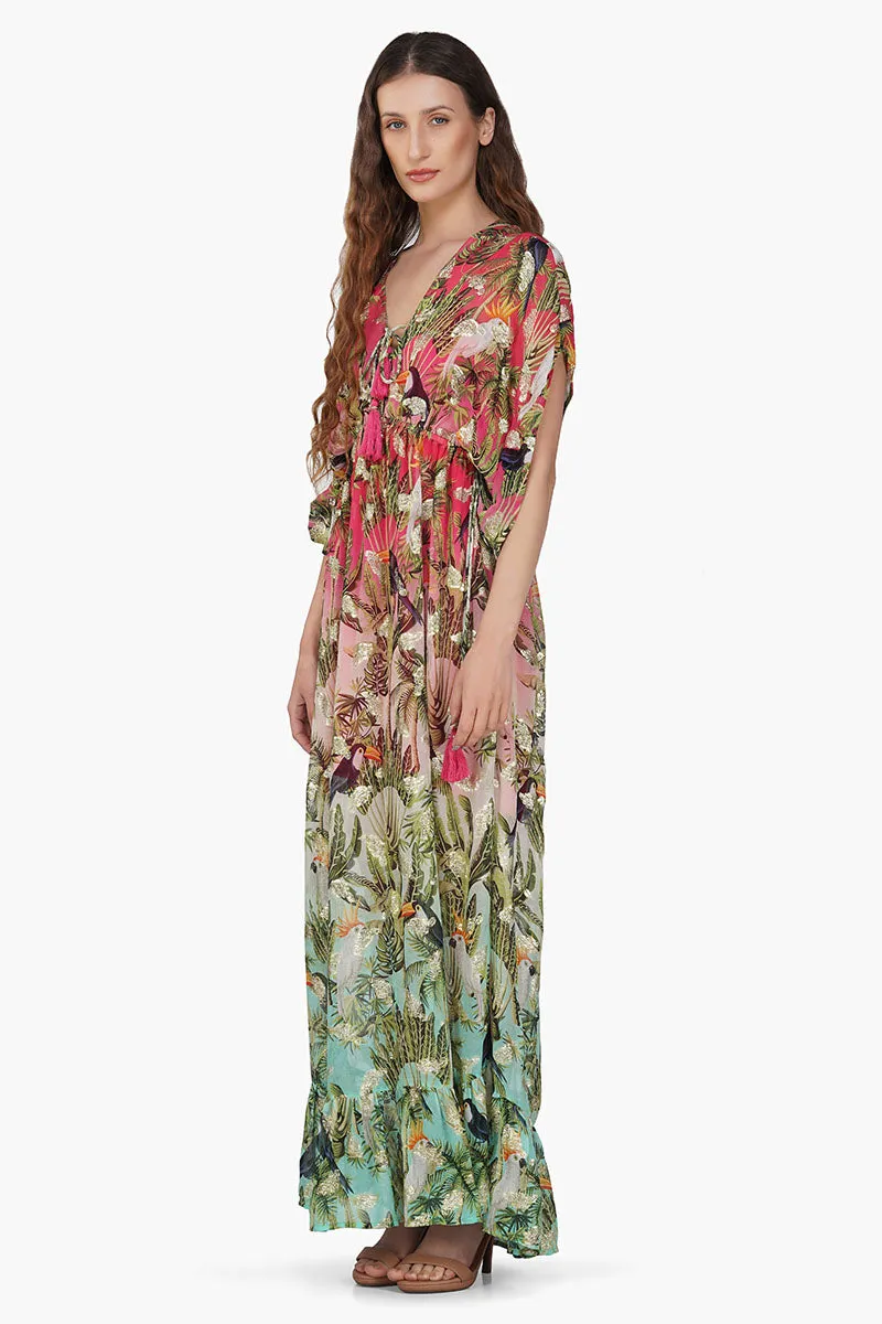 Farm Chirping Birds Printed Angel Maxi Dress