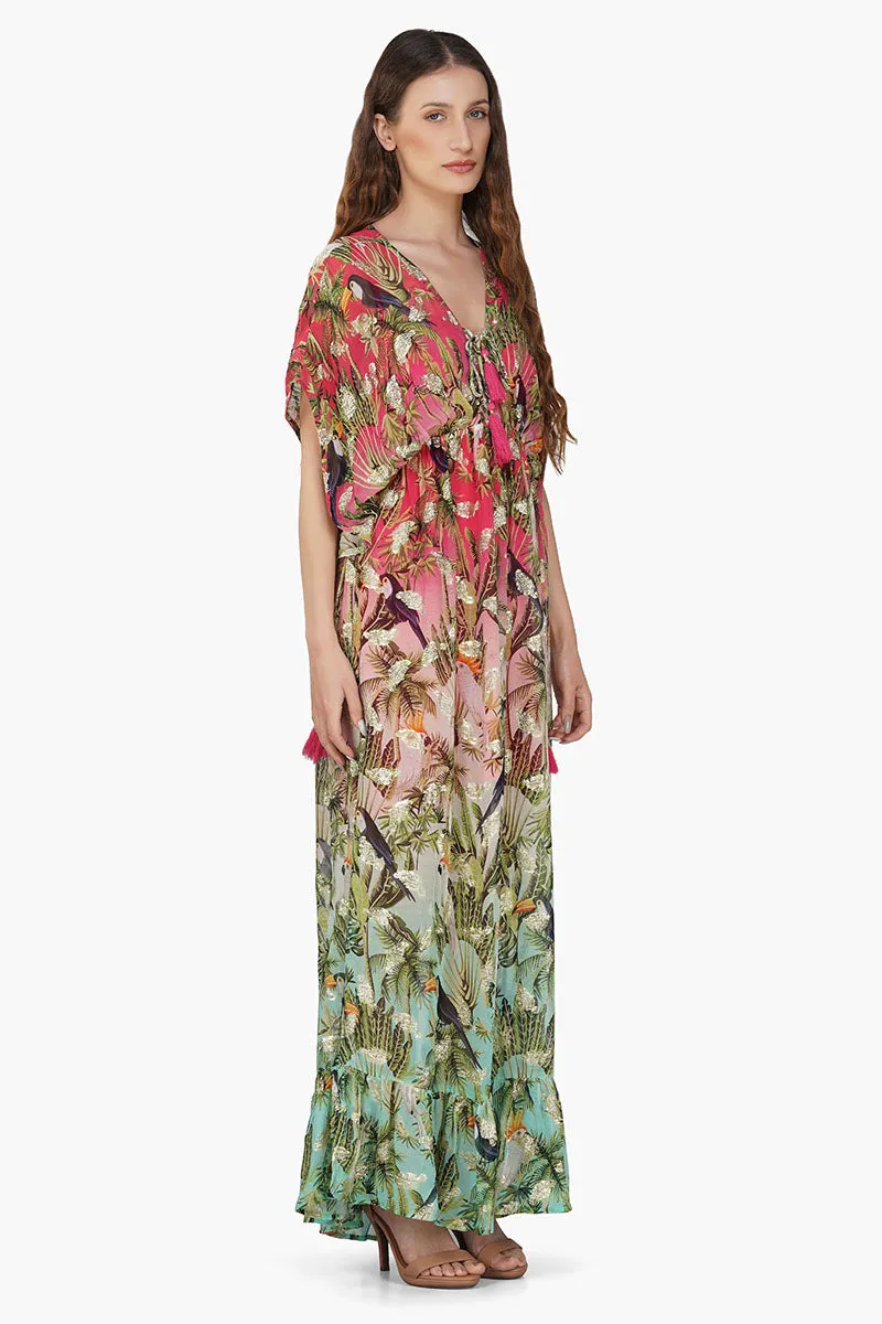 Farm Chirping Birds Printed Angel Maxi Dress