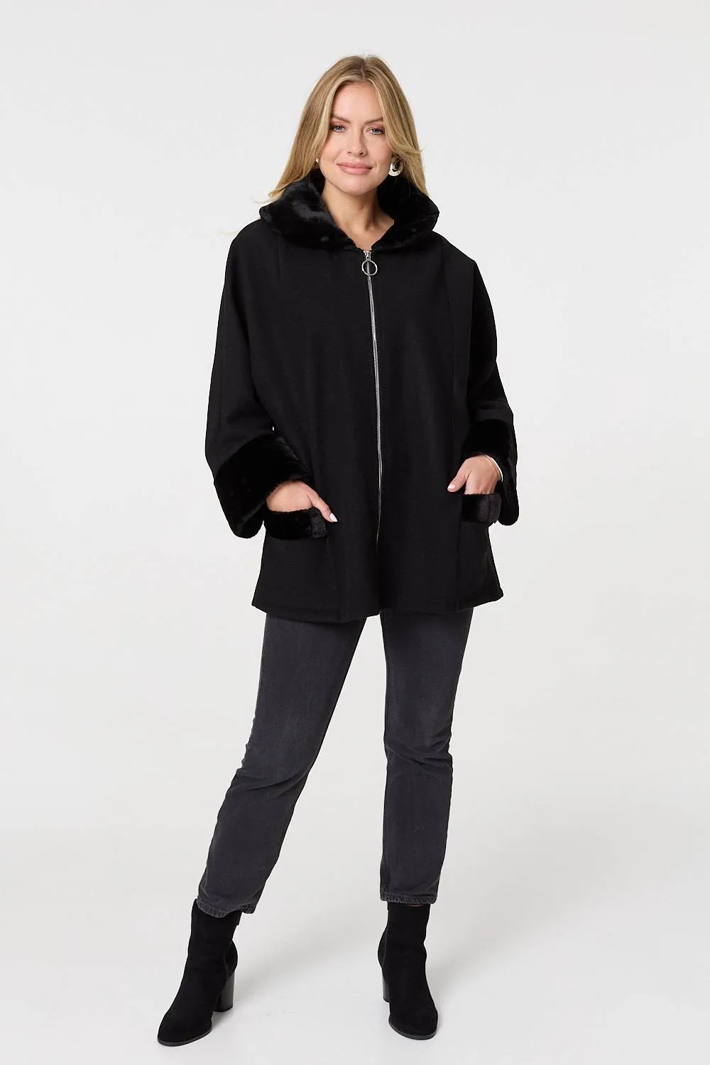 Faux Fur Trim Zip-Up Relaxed Jacket