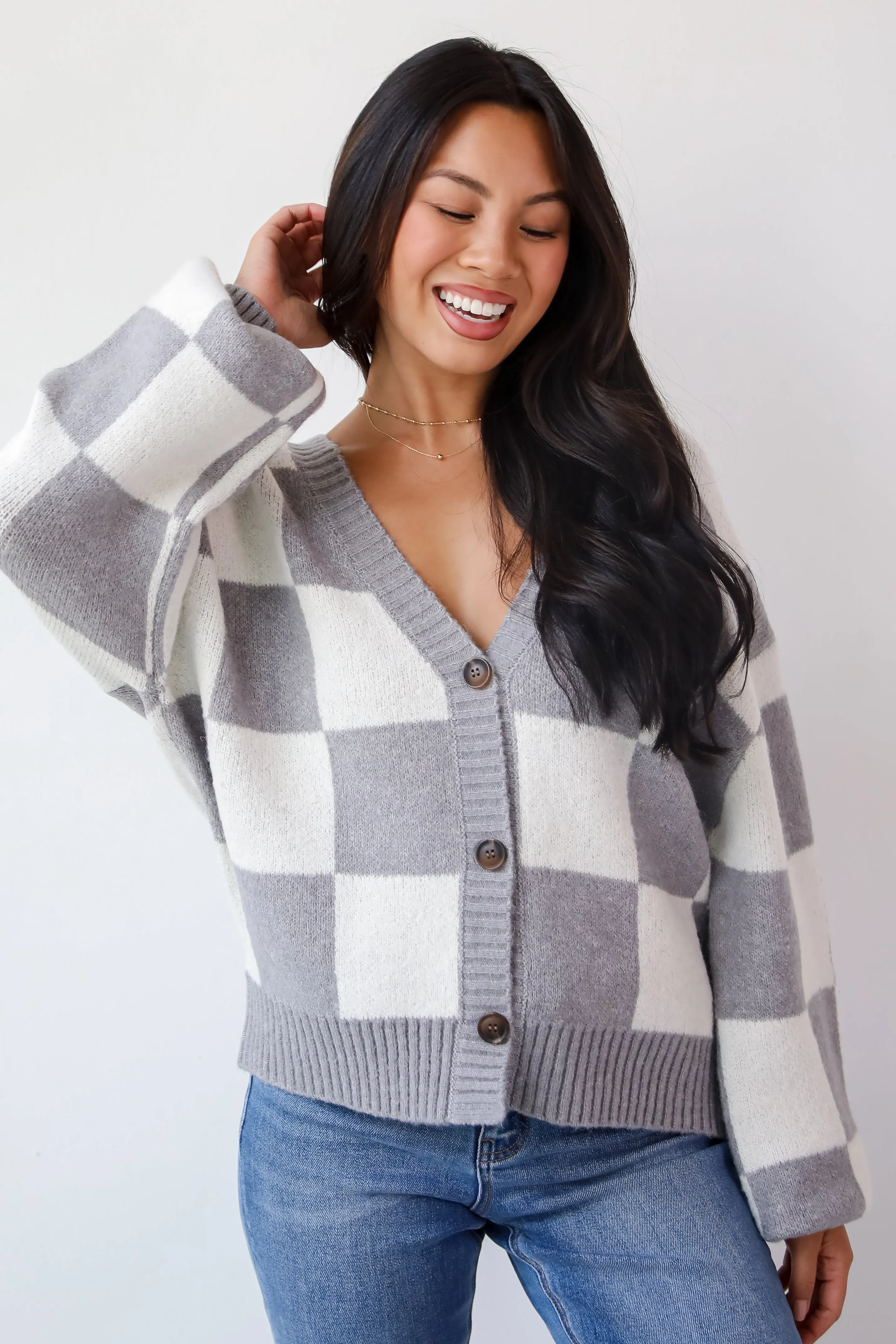 FINAL SALE - Cuddly Effect Checkered Sweater Cardigan