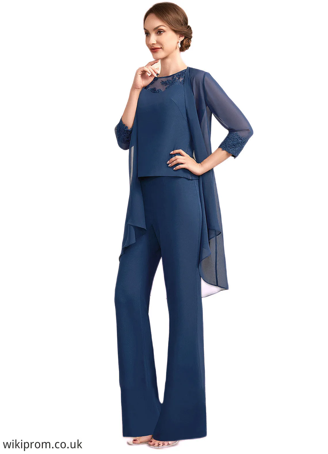 Finley Jumpsuit/Pantsuit Scoop Neck Floor-Length Chiffon Mother of the Bride Dress With Lace SWK126P0014687