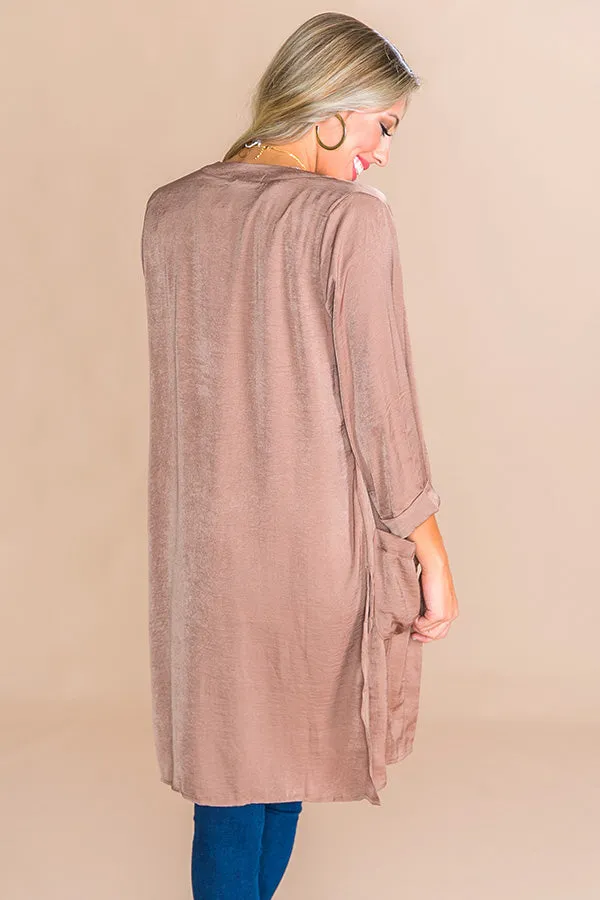 First Class Only Satin Cardigan in Mocha