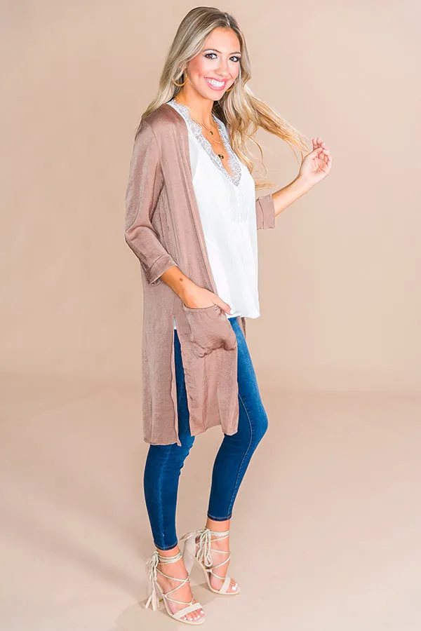 First Class Only Satin Cardigan in Mocha