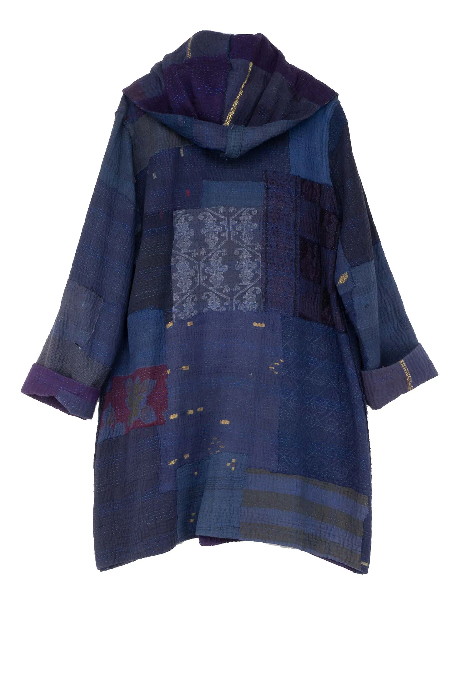 FRAYED PATCH KANTHA HOODED POCKET COAT - fi4303-nvy -