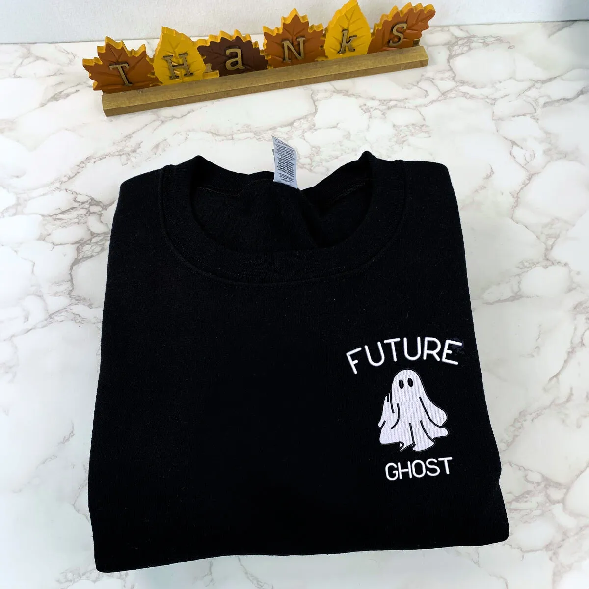 Future Ghost Sweatshirt, Funny Halloween Hoodie with Embroidered on Pocket, Bat on Sleeve