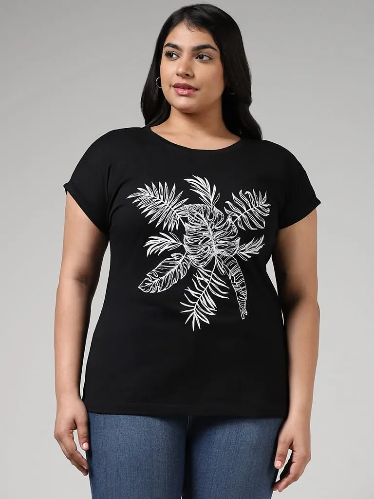 Gia Black Leaf Printed Cotton T-Shirt