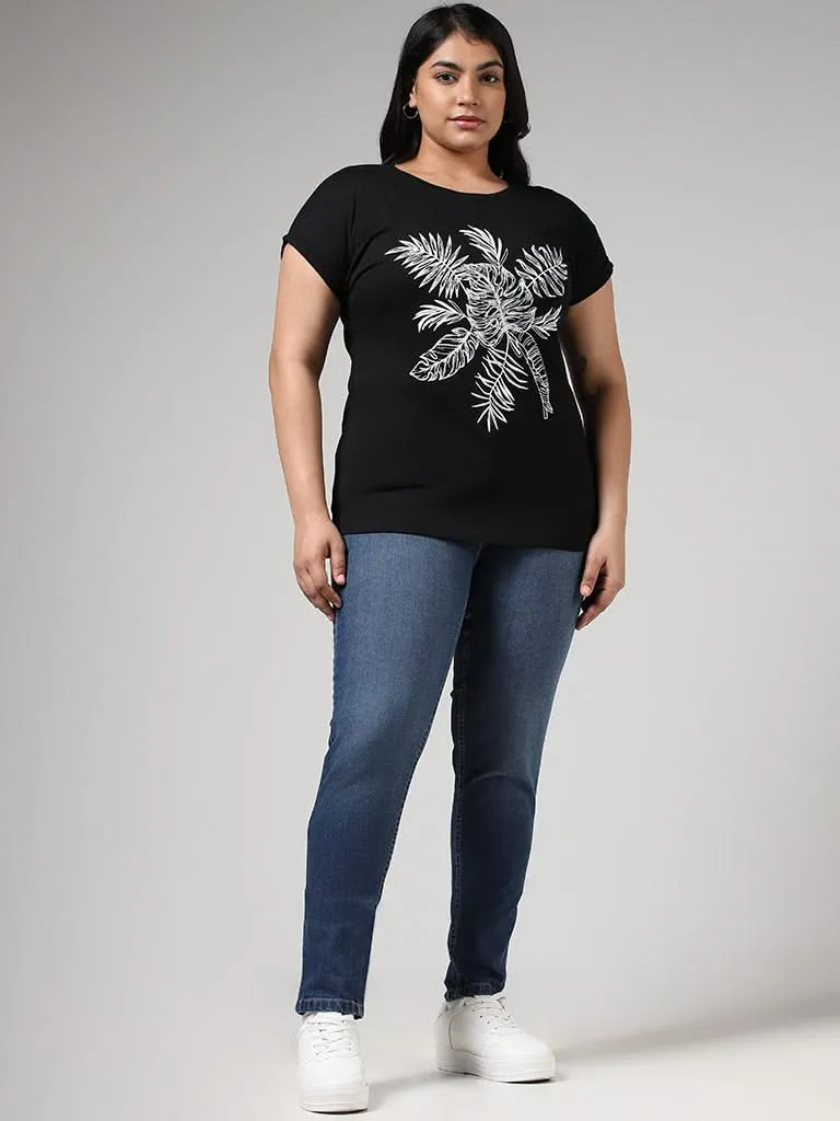 Gia Black Leaf Printed Cotton T-Shirt