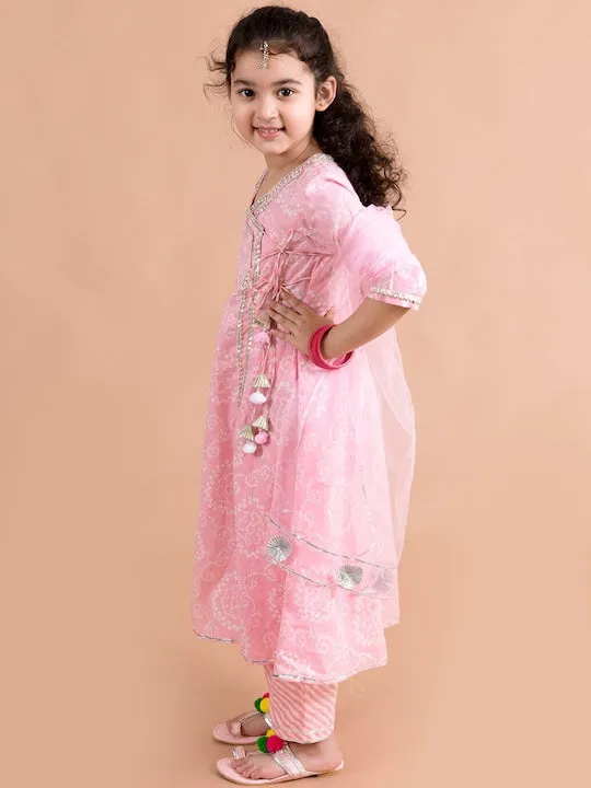 Girls Bandhani Printed Angrakha Pure Cotton Kurta With Trousers Dupatta - Ps Peaches