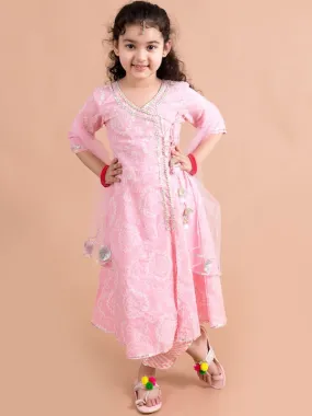 Girls Bandhani Printed Angrakha Pure Cotton Kurta With Trousers Dupatta - Ps Peaches