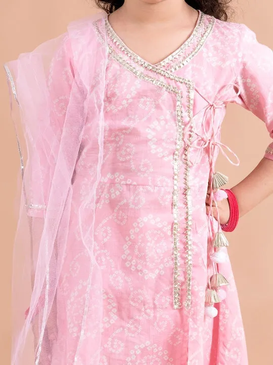 Girls Bandhani Printed Angrakha Pure Cotton Kurta With Trousers Dupatta - Ps Peaches