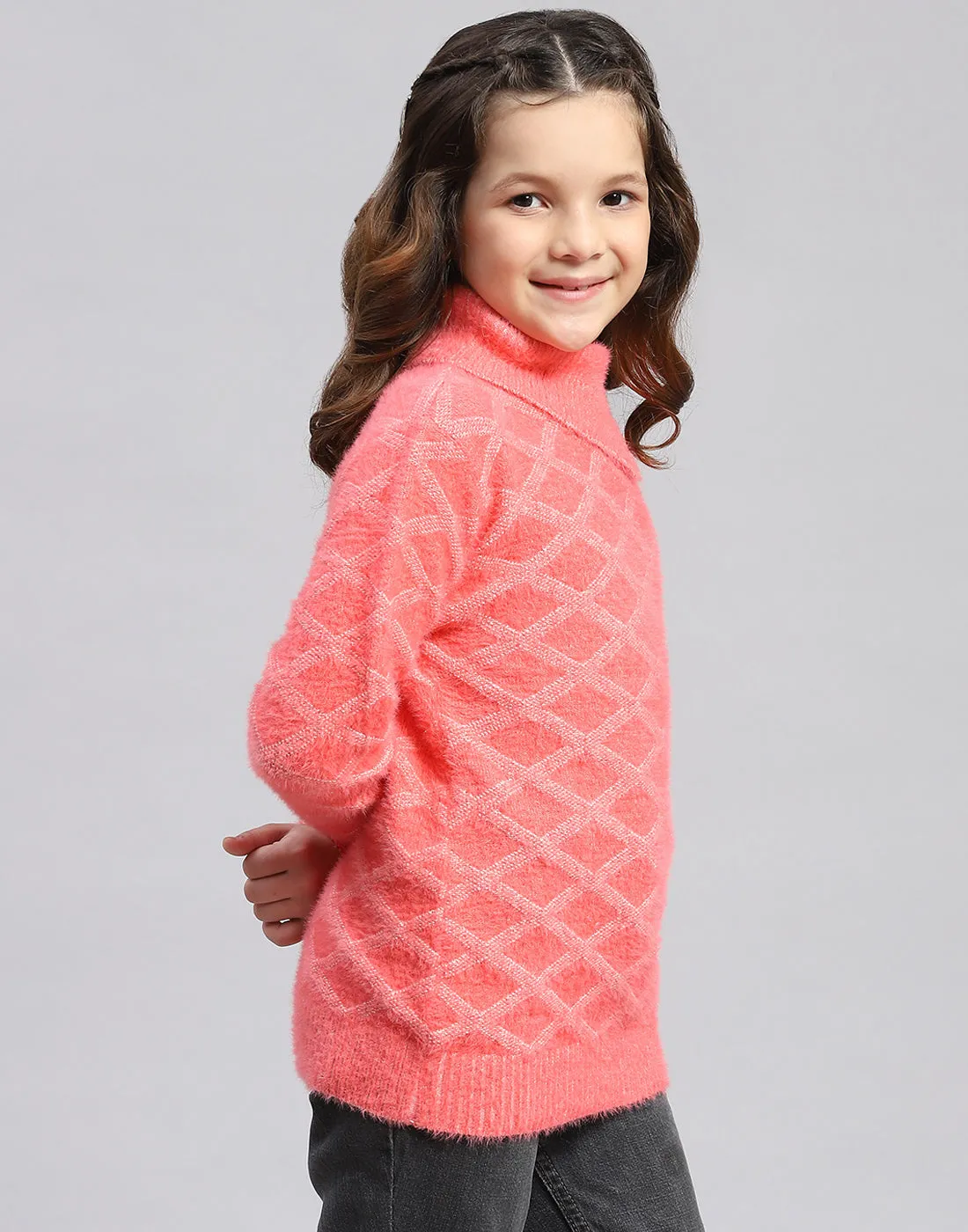 Girls Coral Self Design F Neck Full Sleeve Sweater