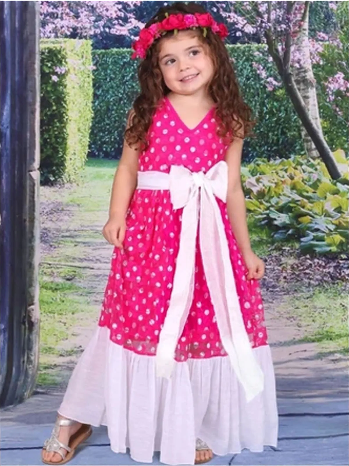 Girls Fuchsia Dot Lace Ruffle-Hem Maxi Dress