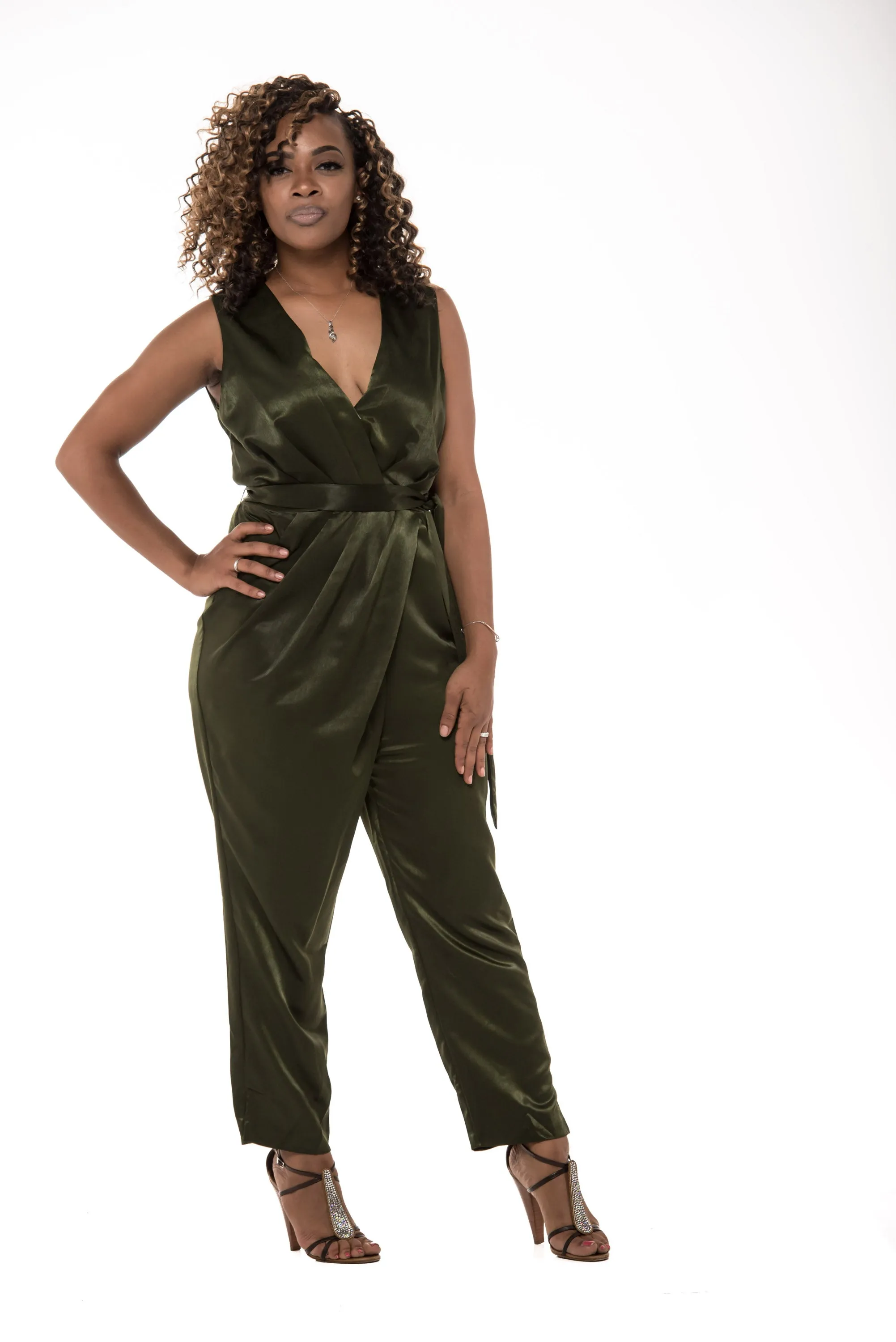 Giselle Olive Green Satin Jumpsuit