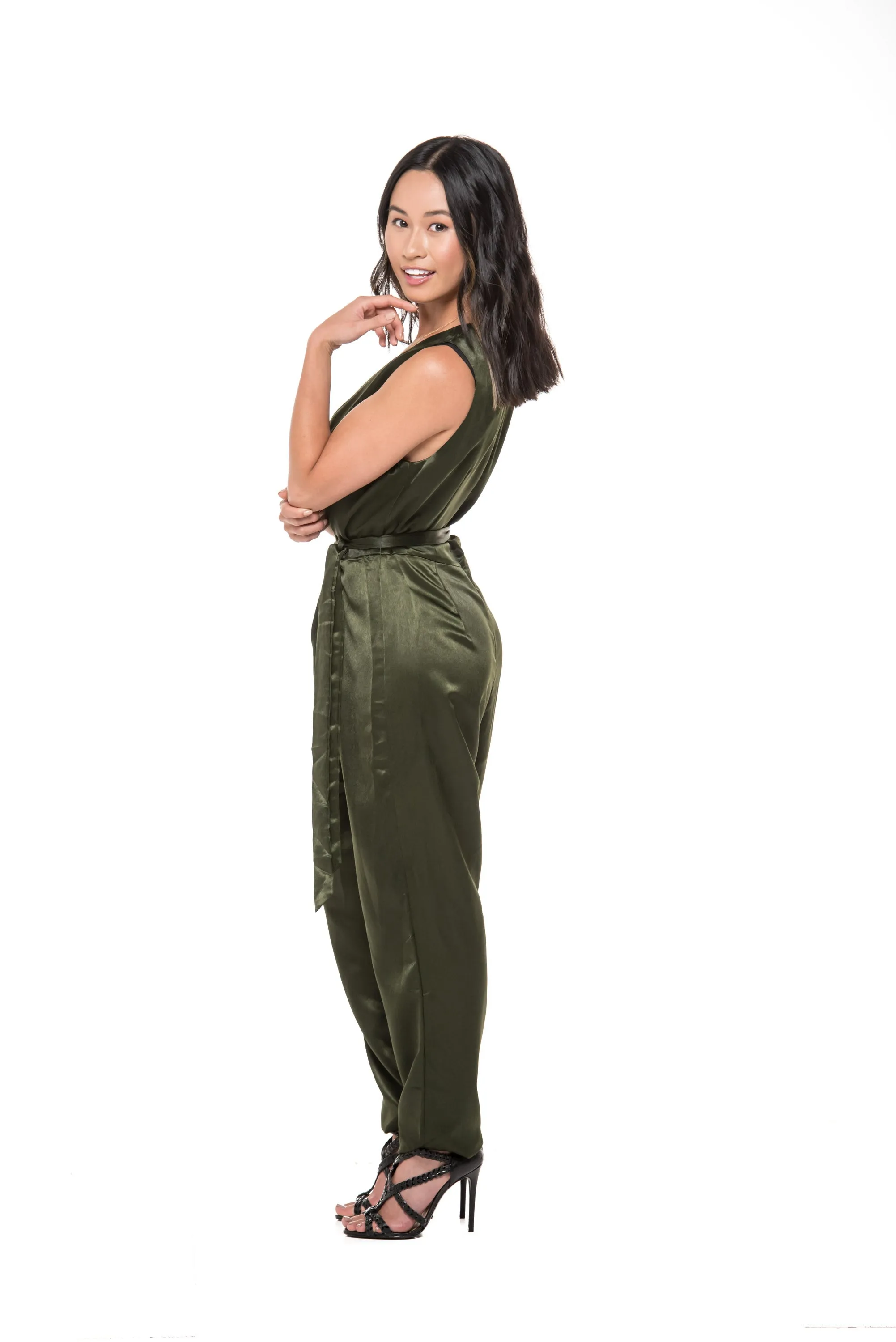 Giselle Olive Green Satin Jumpsuit