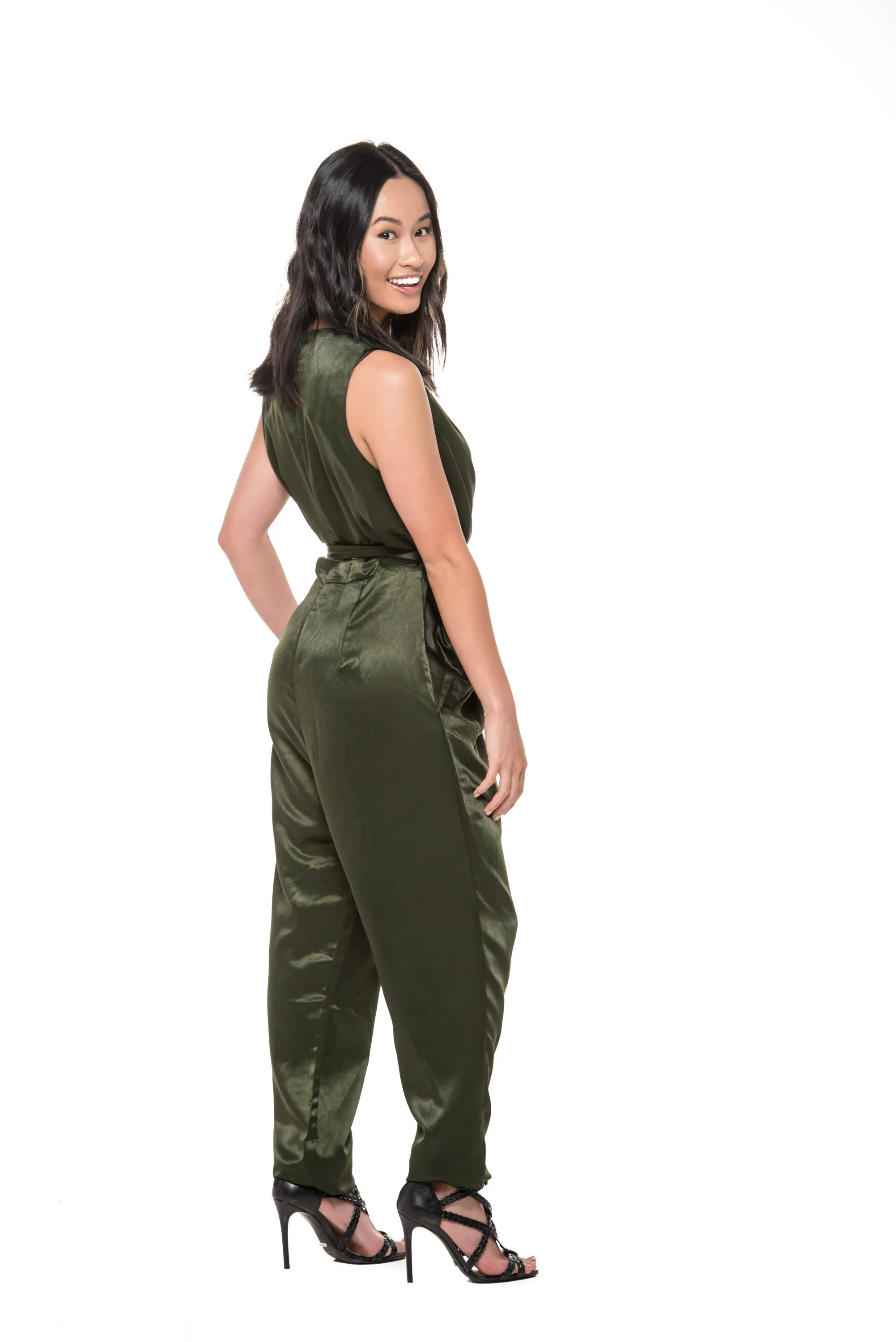 Giselle Olive Green Satin Jumpsuit