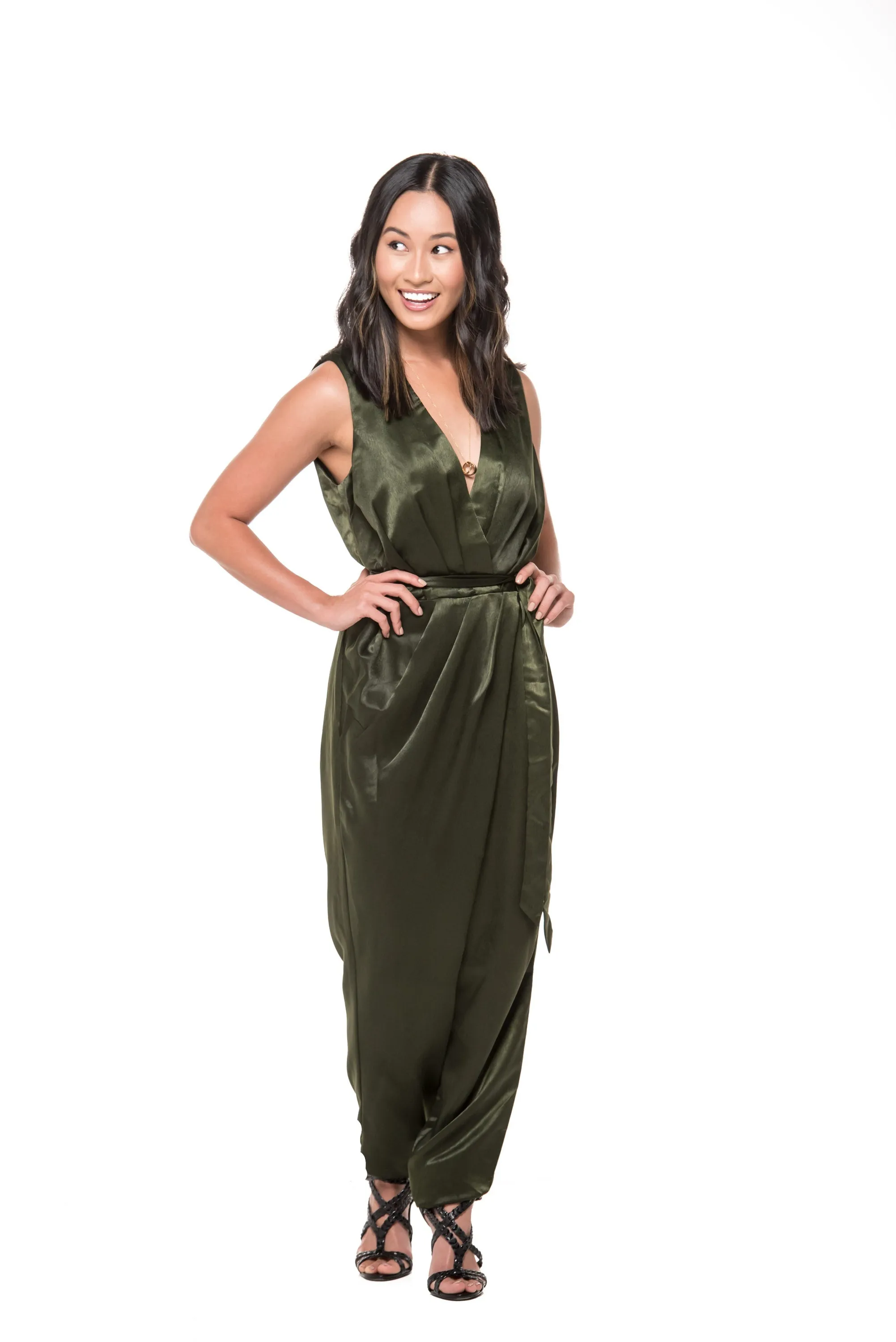 Giselle Olive Green Satin Jumpsuit