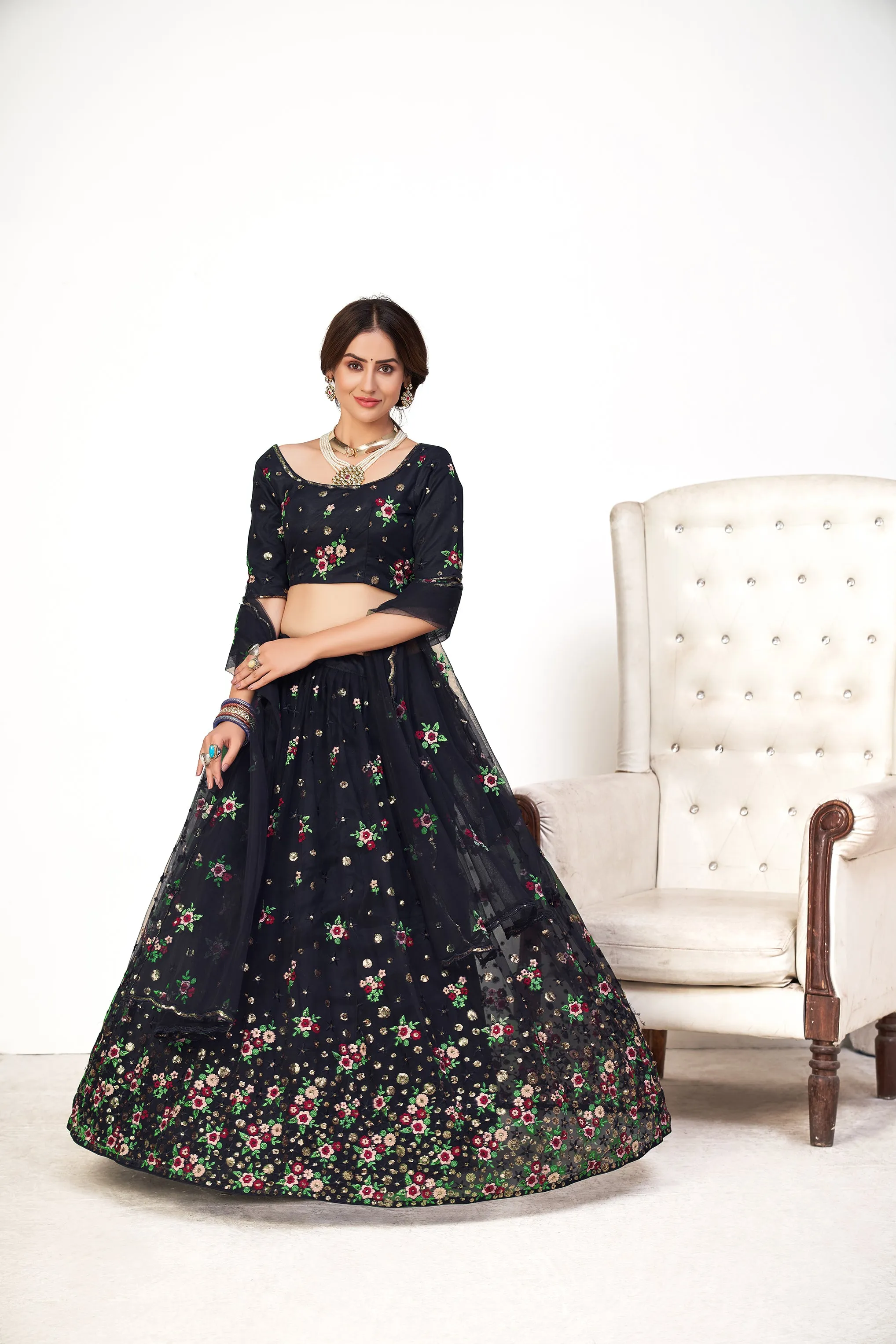 Glamorous Navy-Blue Embroidered Net Party Wear Lehenga Choli