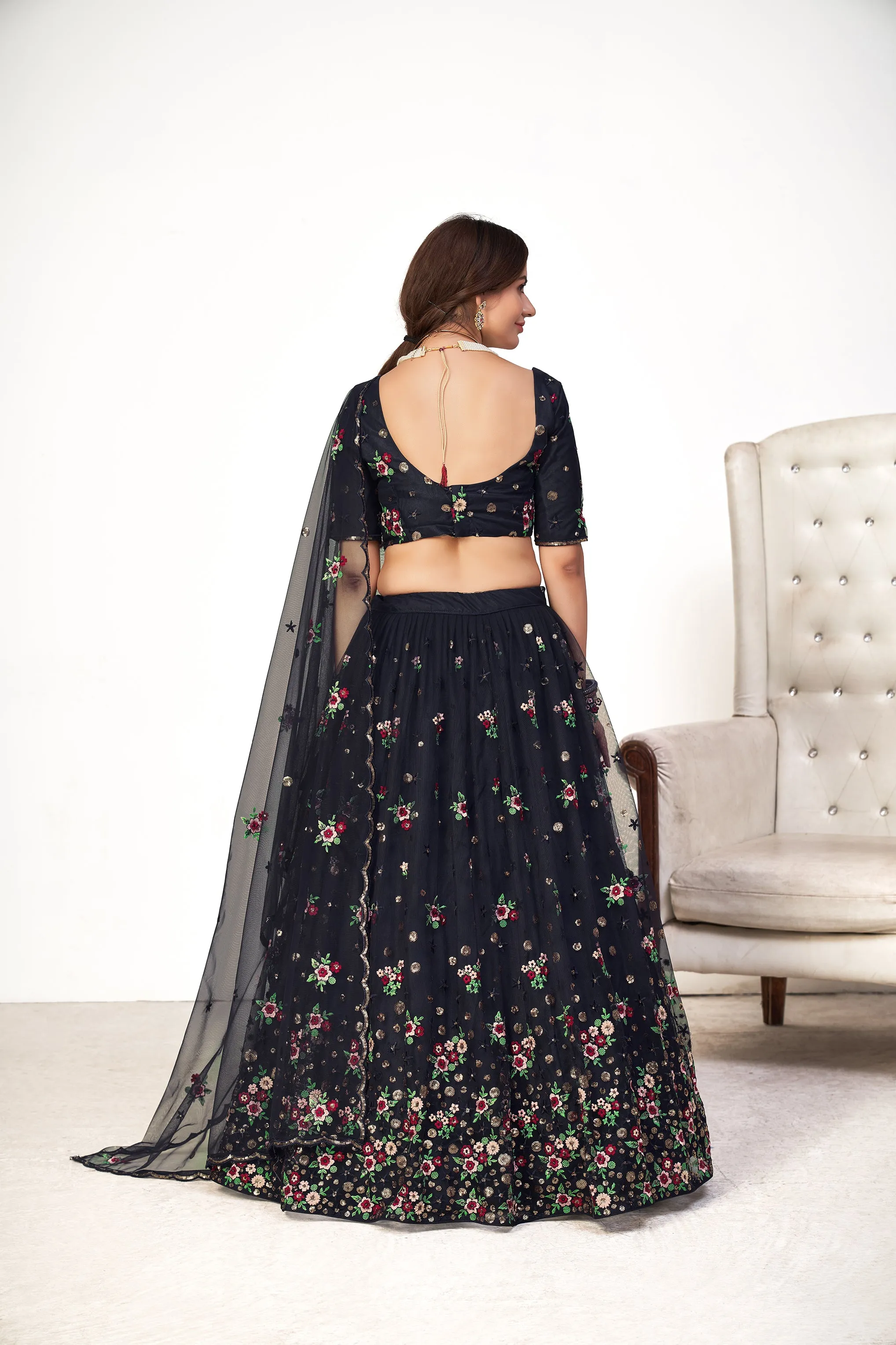 Glamorous Navy-Blue Embroidered Net Party Wear Lehenga Choli