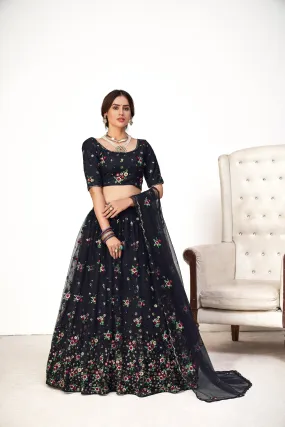 Glamorous Navy-Blue Embroidered Net Party Wear Lehenga Choli