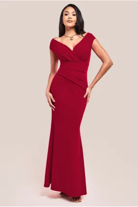 Goddiva Bardot Pleated Maxi Dress - Wine