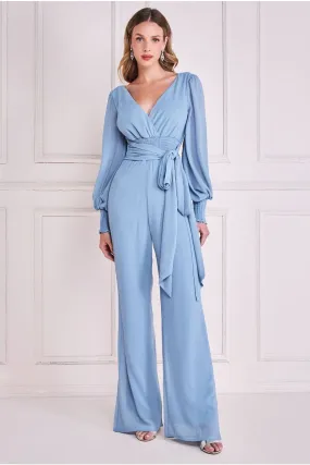 Goddiva Chiffon Puffy Sleeve Jumpsuit - Blue