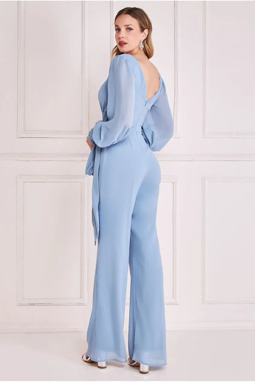 Goddiva Chiffon Puffy Sleeve Jumpsuit - Blue