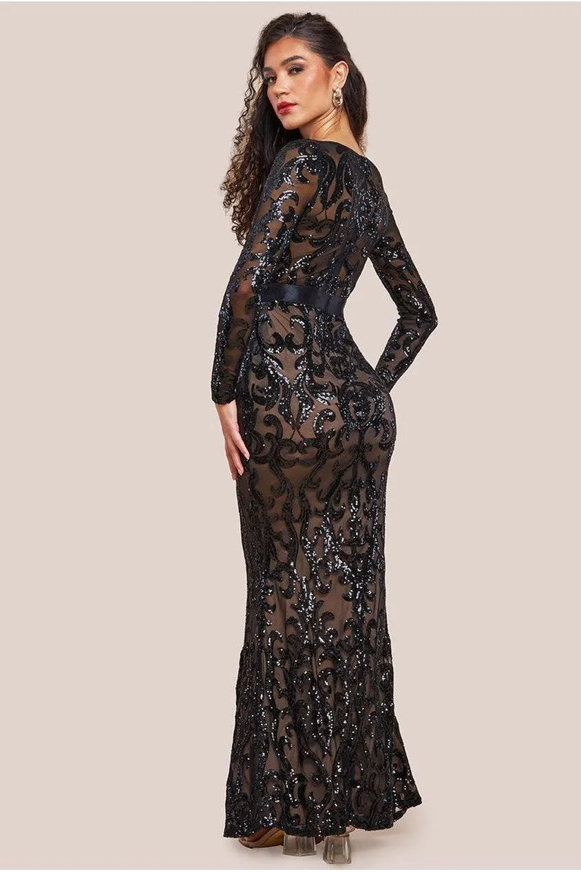 Goddiva Embroidered Sequin & Mesh Maxi Dress - Black