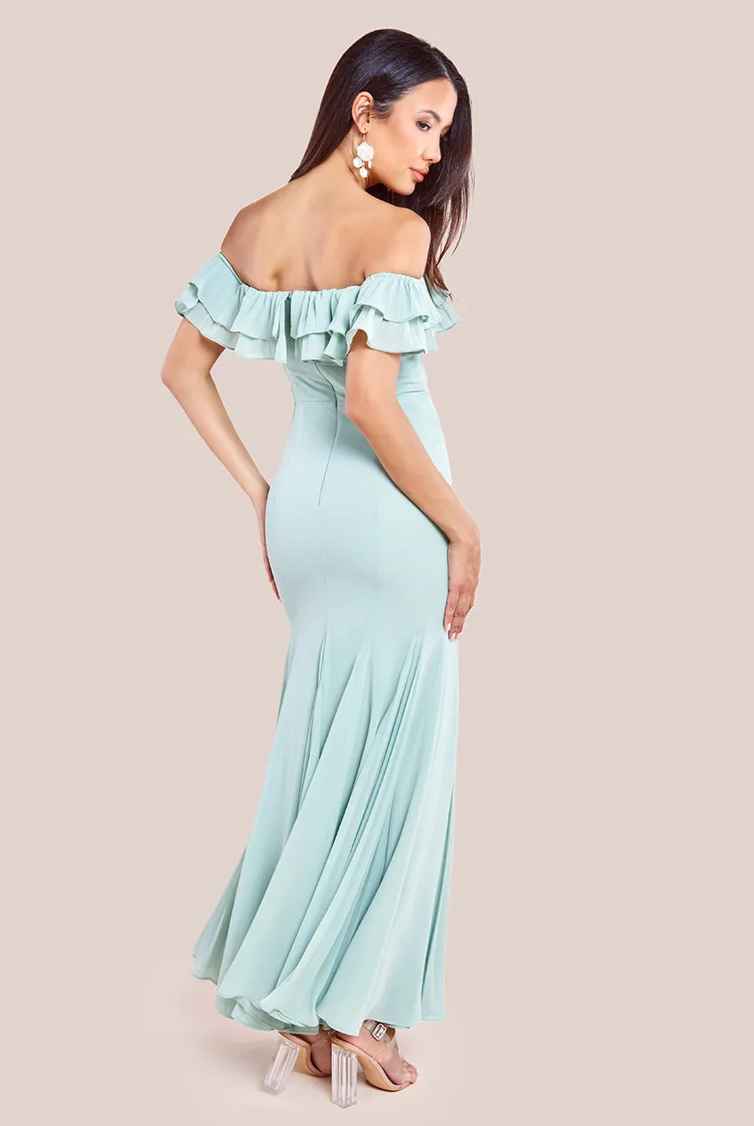 Goddiva Frilled Off The Shoulder Pleated Chiffon Maxi Dress - Sage Green