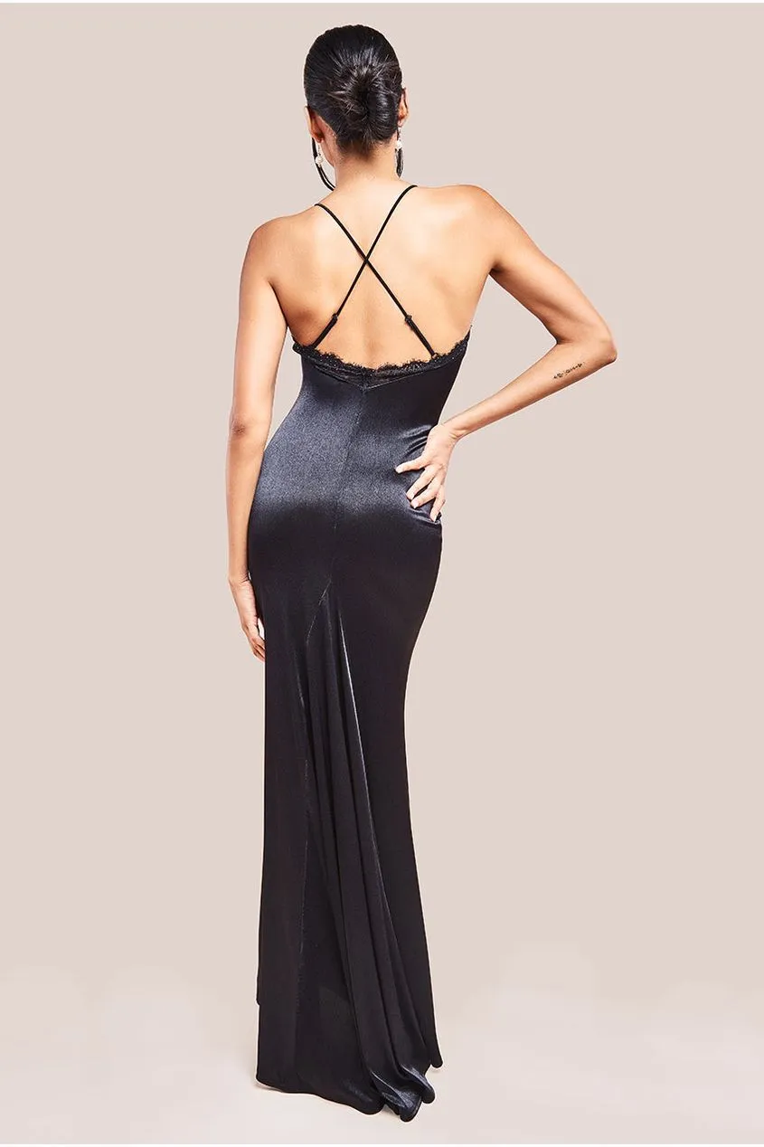 Goddiva Lace Neck Satin Twill Maxi Dress - Black