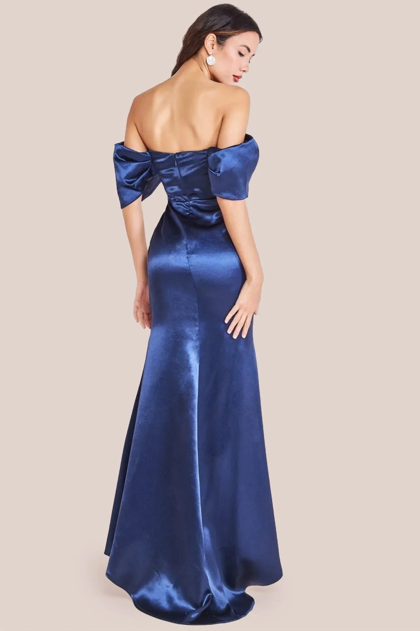 Goddiva Off Shoulder Satin Maxi With V Neck - Navy