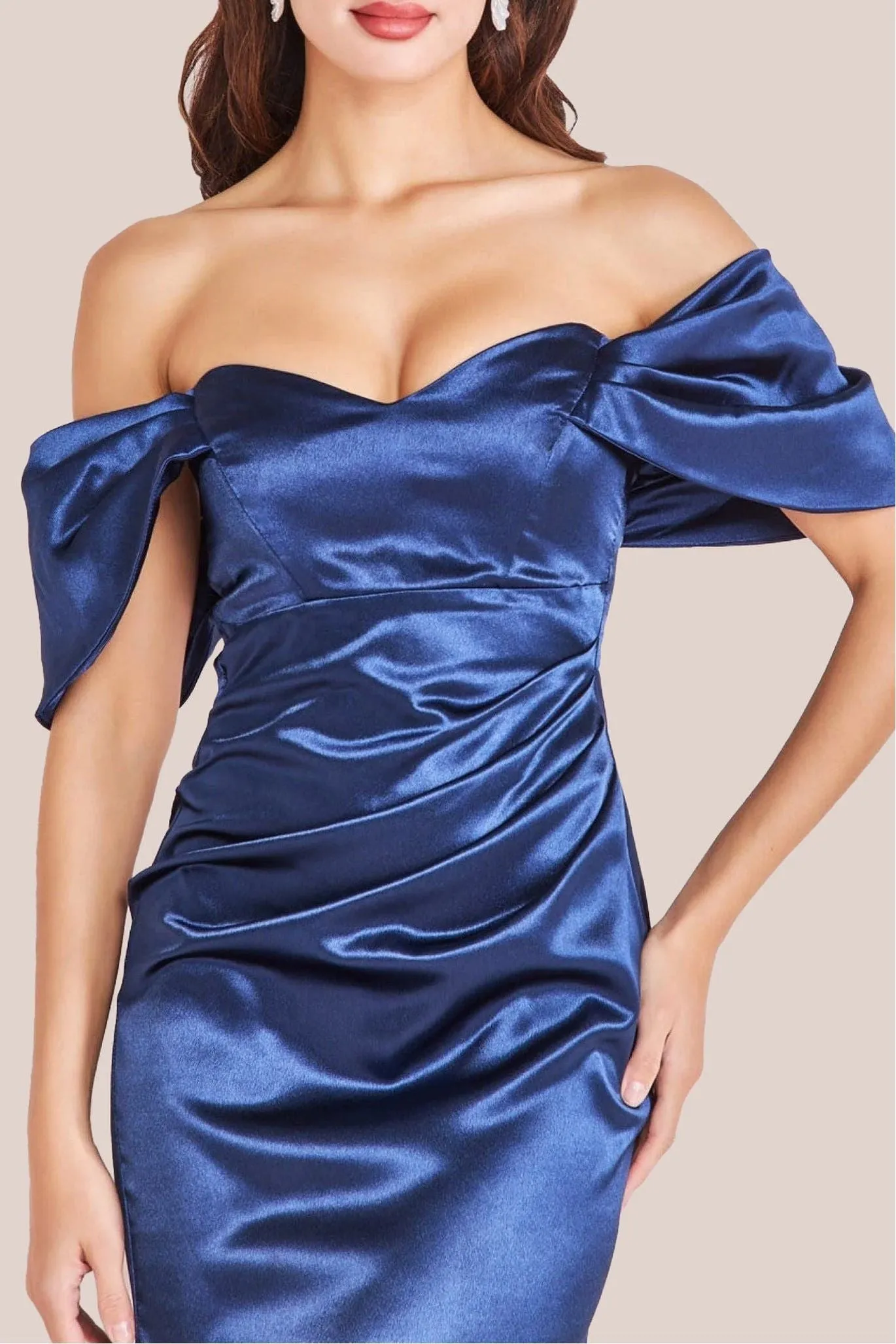 Goddiva Off Shoulder Satin Maxi With V Neck - Navy