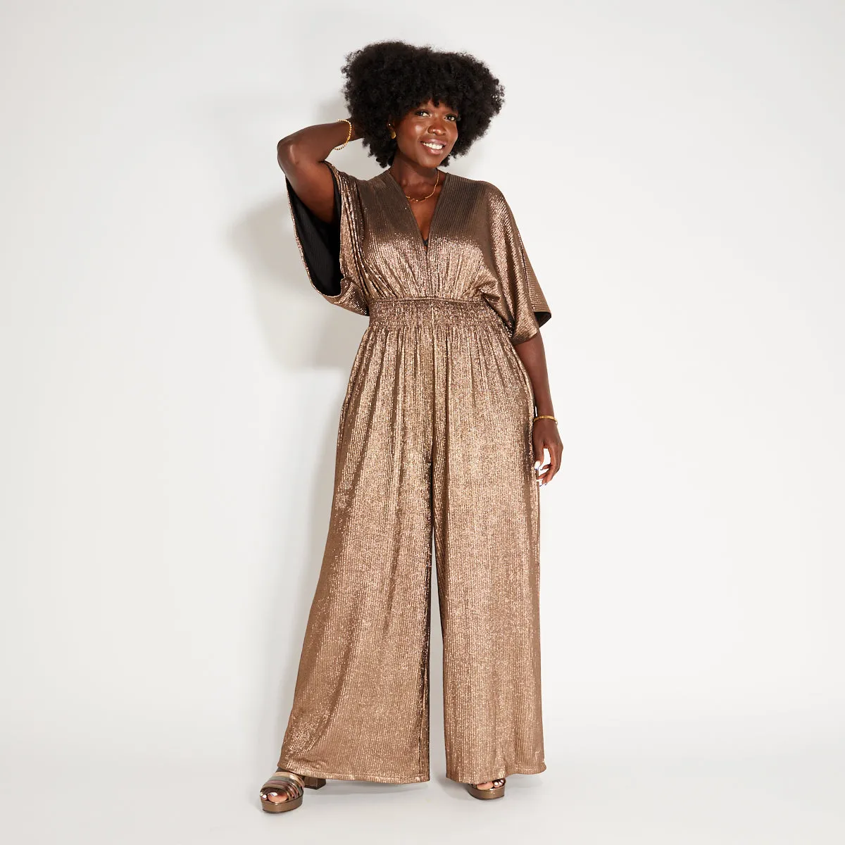 Gold Disco V Neck Jumpsuit