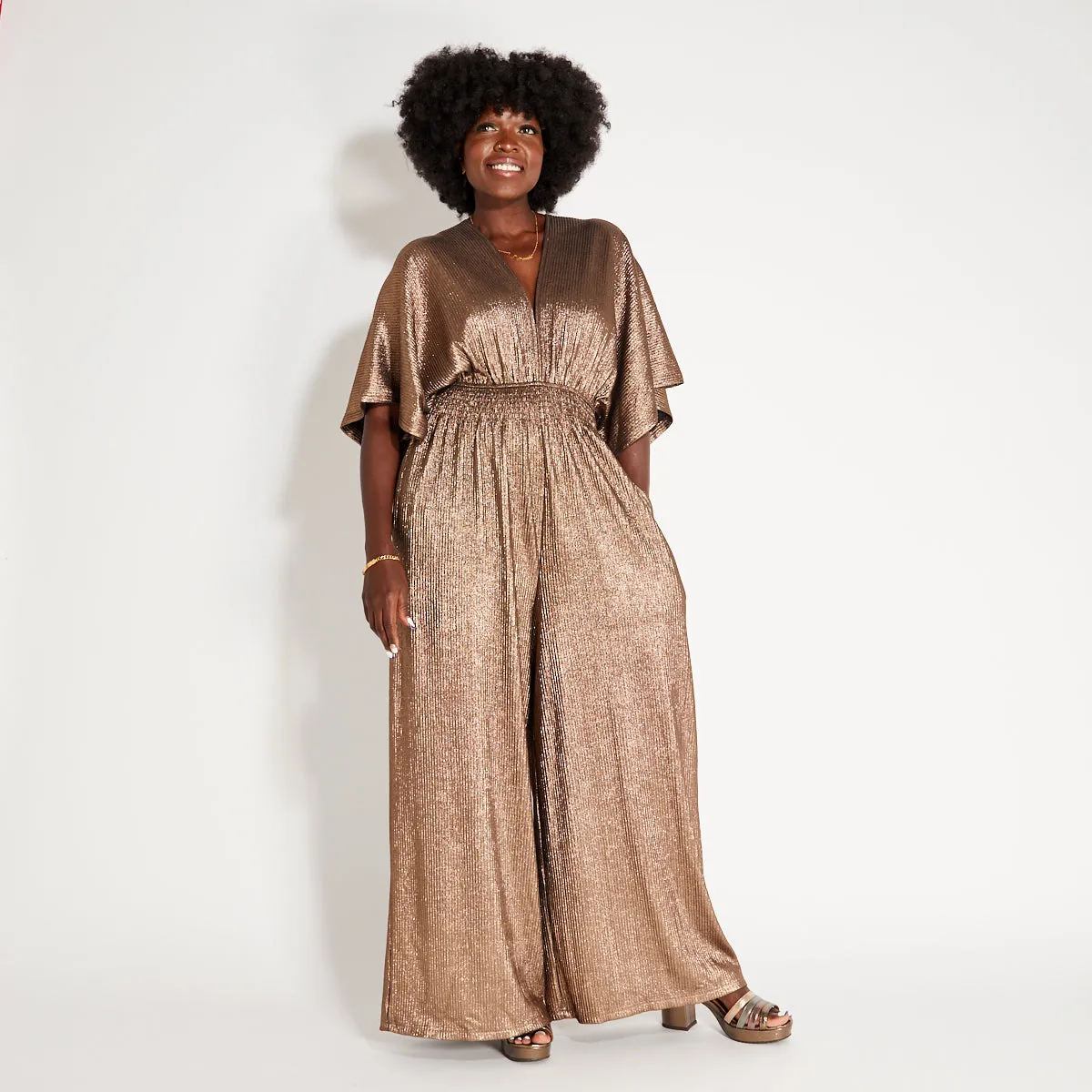 Gold Disco V Neck Jumpsuit