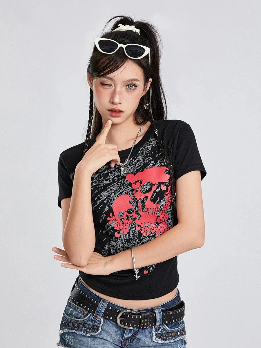 Gothic Short Sleeve Crew Neck Crop Skull Floral Print Y2K T-shirt